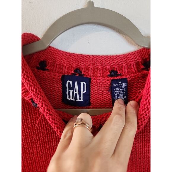 Vintage Gap Sweater Mens Medium Red Blue Fair Isle Snowflake Roll Neck Fisherman - Picture 4 of 5